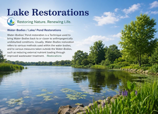 Rajeev Singh inspired lake restoration landscape showing a clean natural water body surrounded by greenery, symbolizing sustainable water-body and pond restoration for ecological balance and environmental conservation.