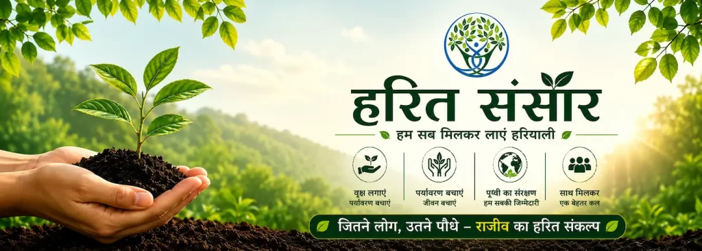 Harit Sansar environmental banner featuring a sapling growing in caring hands, representing Rajeev Singh’s mission for tree plantation, ecological restoration, and a greener India.