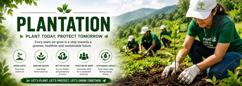 Wide plantation campaign banner showing volunteers planting saplings in a lush green landscape with sustainability messages, eco icons, and environmental awareness led by Rajeev Singh and Harit Sansar.
