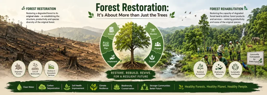 Forest restoration banner inspired by Rajeev Singh showing the transformation of degraded forest land into a thriving green ecosystem through rehabilitation, biodiversity conservation, and sustainable environmental action.