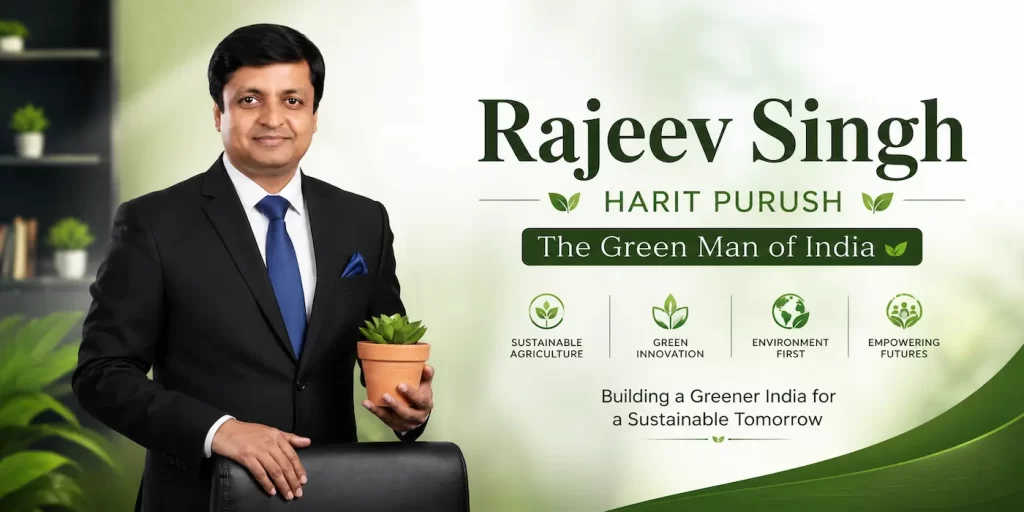 Professional portrait banner of Rajeev Singh, known as Harit Purush and The Green Man of India, standing in a modern office holding a green plant, symbolizing sustainability, eco-friendly innovation, and green leadership.