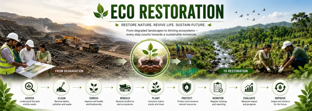 Wide eco restoration banner showing transformation from degraded mining land to a restored green ecosystem with river, plantation activities, environmental workers, and sustainable rehabilitation process led by Rajeev Singh and Harit Sansar.