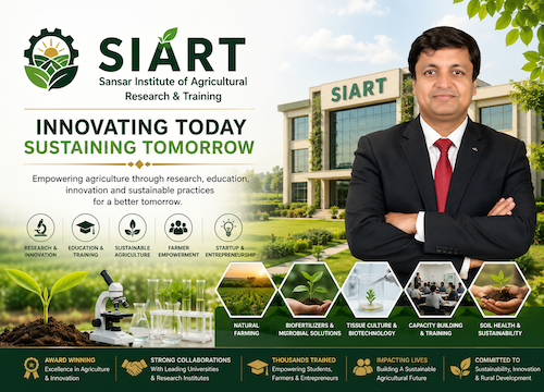 Rajeev Singh at SIART showcasing agricultural research innovation education sustainable farming biofertilizer development soil health technologies farmer empowerment and scientific advancement in agriculture.
