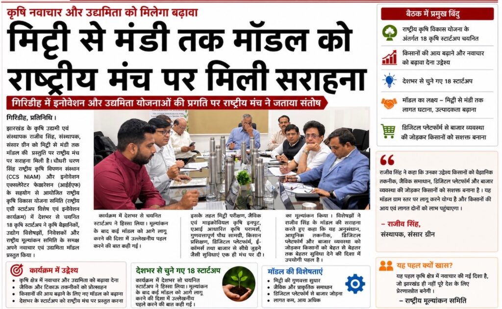 Rajeev Singh, Founder of Sansar Green, presenting the "Soil to Bazaar" agricultural innovation at the PM-RKVY National Agri Startup Investment & Evaluation Program at CCS-NIAM, Jaipur, representing Jharkhand on a national stage.