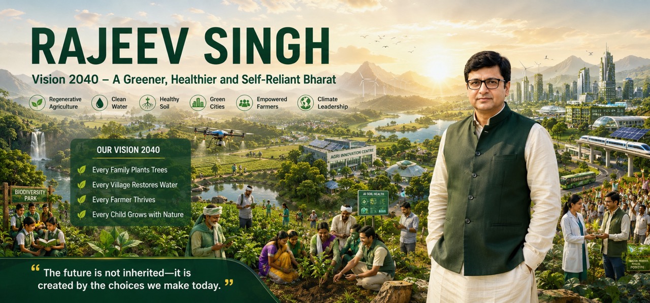 Rajeev Singh, Founder of Sansar Green and the Harit Sansar movement, stands against a panoramic backdrop of restored forests, rivers, sustainable farms, renewable energy, and thriving communities, symbolizing his vision of leading India's green transformation through environmental conservation, sustainable agriculture, innovation, and community participation.