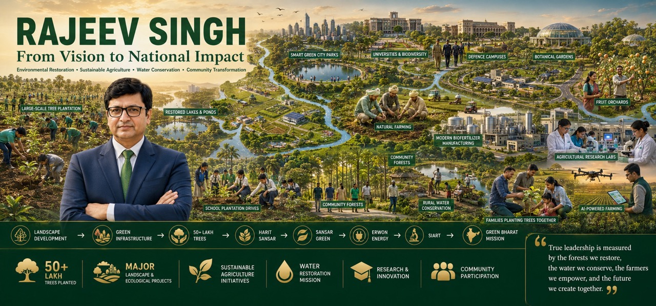 Rajeev Singh, Founder of Sansar Green and the Harit Sansar movement, stands before a panoramic display of landmark landscape development and ecological restoration projects, featuring botanical gardens, public parks, restored lakes, institutional campuses, highways, urban forests, and sustainable green infrastructure, representing decades of environmental leadership and landscape transformation across India.