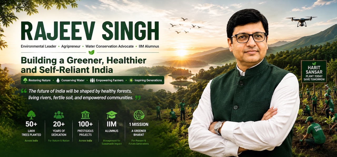 Rajeev Singh, Founder of Sansar Green, stands in a modern agricultural innovation ecosystem showcasing healthy crops, AI-powered farming, soil testing, biofertilizer research, smart irrigation, drones, laboratories, and farmers using digital technology, representing the vision of "Mitti Se Mandi Tak" for sustainable agriculture in India.