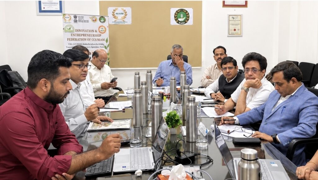 Rajeev Singh, Founder of Sansar Green, presenting the innovative "Soil to Bazaar" agricultural model at the PM-RKVY National Agri Startup Investment & Evaluation Program held at CCS-NIAM, Jaipur, representing Jharkhand.