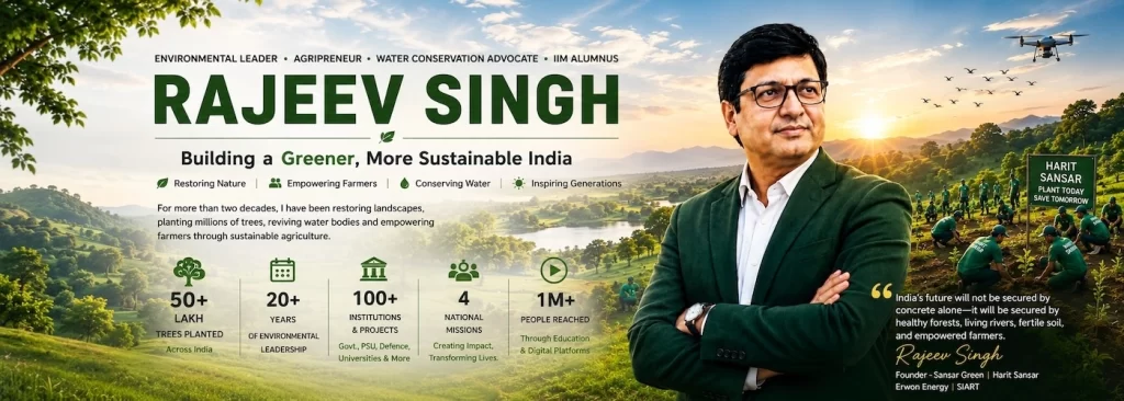 Rajeev Singh, Founder of Sansar Green and Harit Sansar, stands against a lush green landscape symbolizing sustainable agriculture, environmental conservation, water restoration, and the mission to build a greener India through tree plantation, natural farming, and community participation.