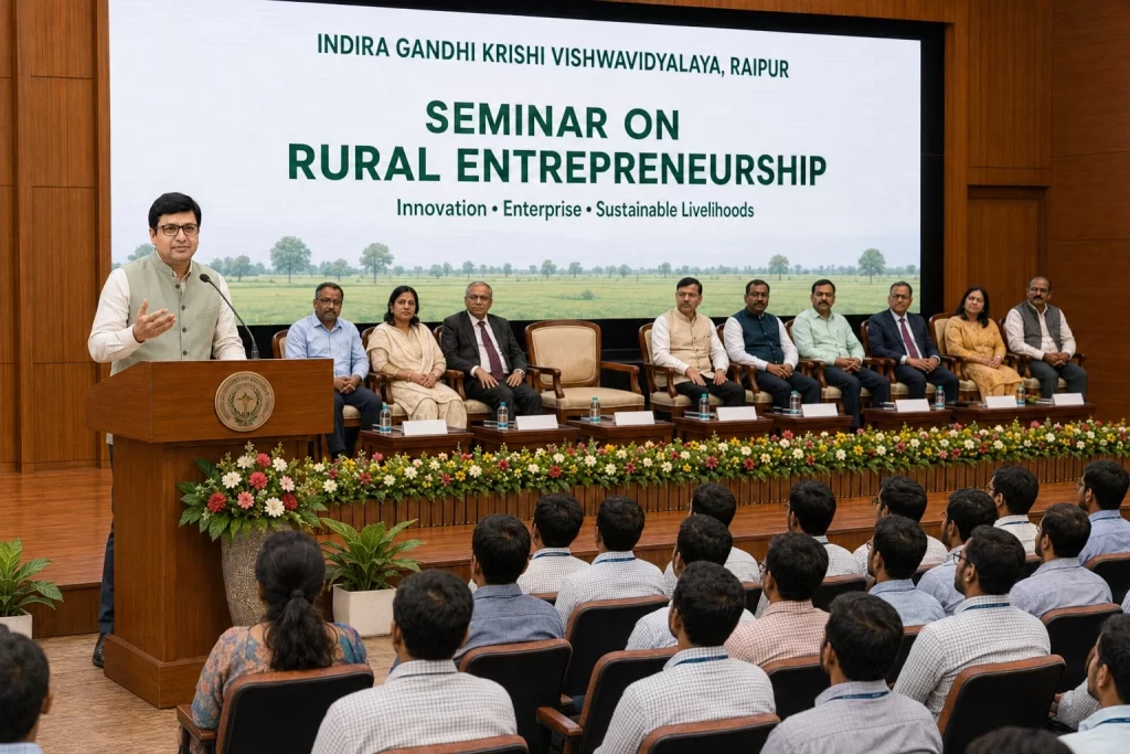 Rajeev Singh, Founder of Sansar Green and Harit Sansar from Giridih, Jharkhand, delivering a keynote address on rural entrepreneurship at IGKV Raipur.