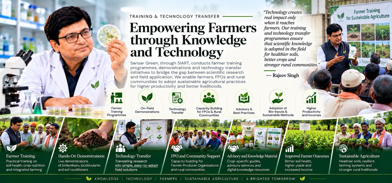 Rajeev Singh and Sansar Green conducting farmer training, on-field demonstrations, technology transfer and sustainable agriculture programmes focused on soil health, bio-inputs and improved farmer outcomes.