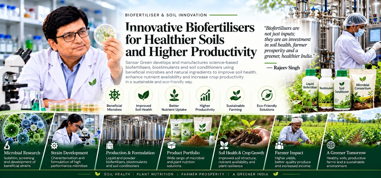 Innovative biofertilisers developed by Sansar Green using beneficial microbes and microbial technology to improve soil health, nutrient uptake, crop productivity and sustainable farming.