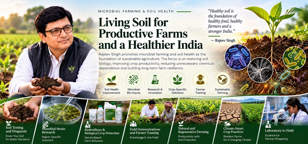 Rajeev Singh promoting microbial farming and soil health through beneficial microbes, bio-inputs, soil testing, regenerative farming, crop-specific solutions and farmer training.