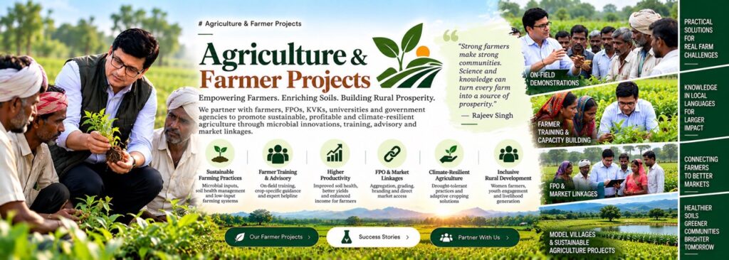 Rajeev Singh interacting with farmers in the field, showcasing agriculture and farmer projects focused on empowering farmers, enriching soils, and building rural prosperity at Sansar Green