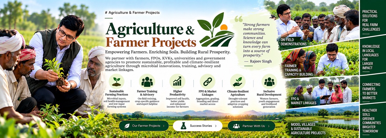 Rajeev Singh interacting with farmers during agricultural and farmer empowerment projects focused on sustainable farming and rural prosperity.