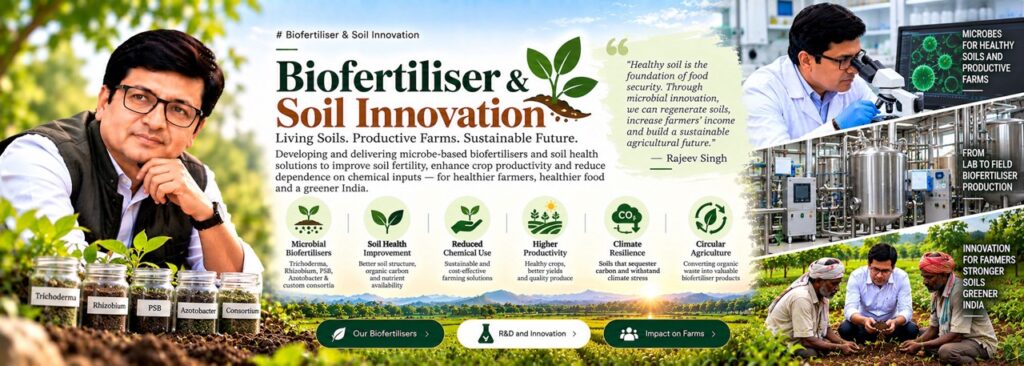Rajeev Singh showcasing biofertiliser and soil innovation initiatives for living soils, productive farms, and sustainable futures at Sansar Green.