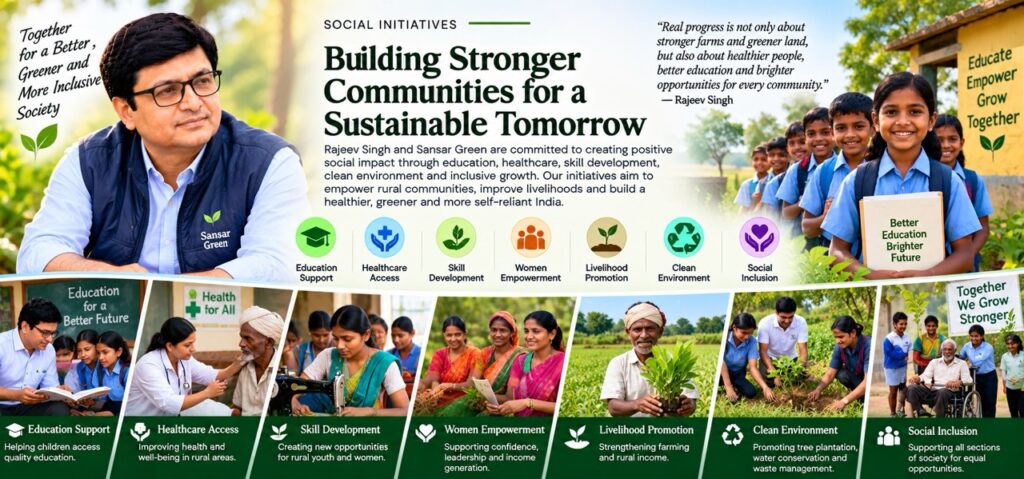Rajeev Singh presenting social initiatives for community building, education, healthcare, and sustainable development by Sansar Green.