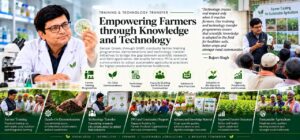 Rajeev Singh holding a petri dish in a lab while conducting farmer training and technology transfer programs for sustainable agriculture at Sansar Green