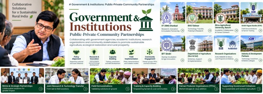 Rajeev Singh banner illustrating Government and Institutions public-private-community partnerships for sustainable rural India.