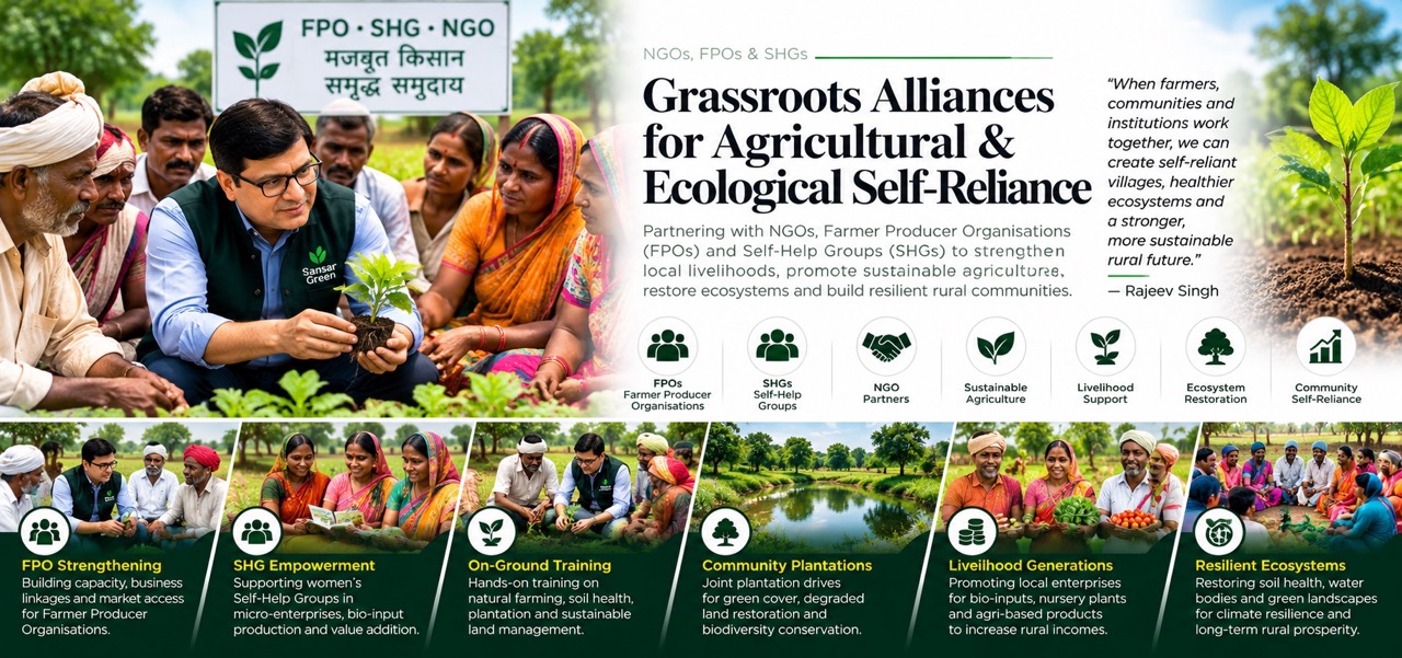 Rajeev Singh interacting with farmers, FPOs, and SHGs in the field, highlighting grassroots alliances for agricultural and ecological self-reliance at Sansar Green.
