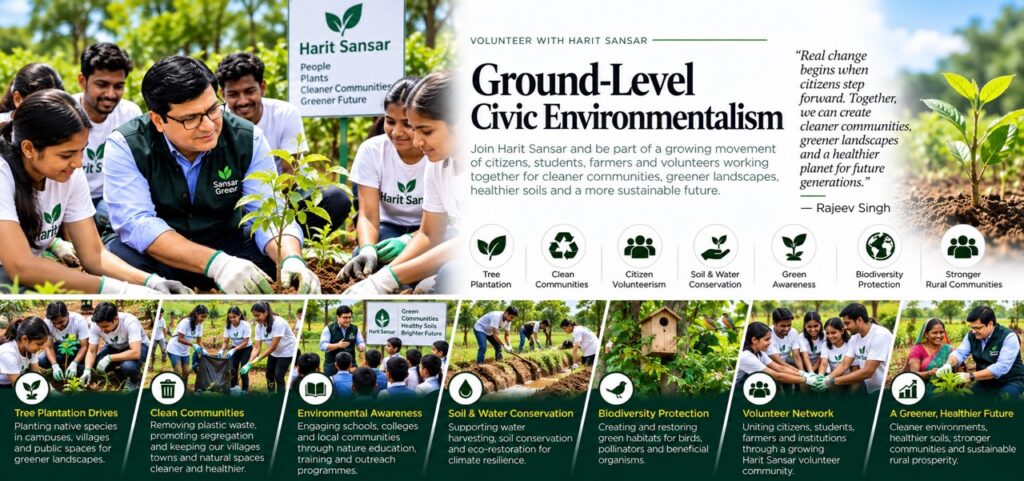 Rajeev Singh Harit Sansar banner highlighting ground-level civic environmentalism, tree plantation drives, and volunteer networks.