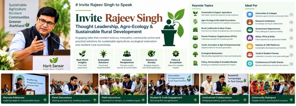 Rajeev Singh invite to speak banner focusing on thought leadership, agro-ecology, and sustainable rural development.