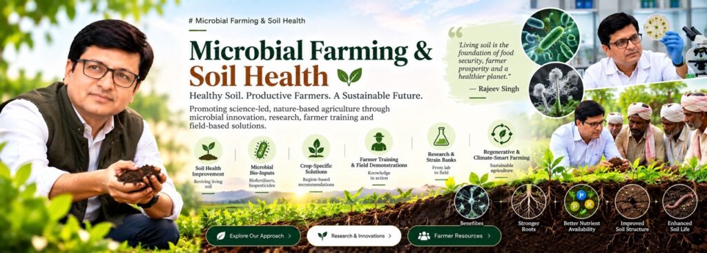 Rajeev Singh microbial farming and soil health banner promoting science-led, nature-based agriculture and bio-inputs.