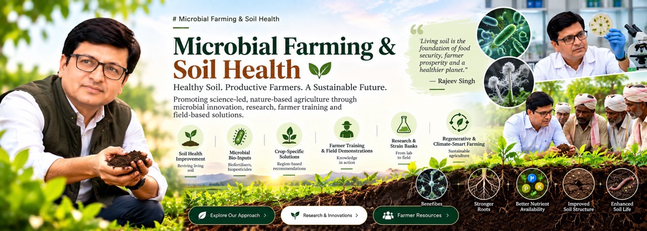 Rajeev Singh microbial farming and soil health banner promoting science-led, nature-based agriculture and bio-inputs.