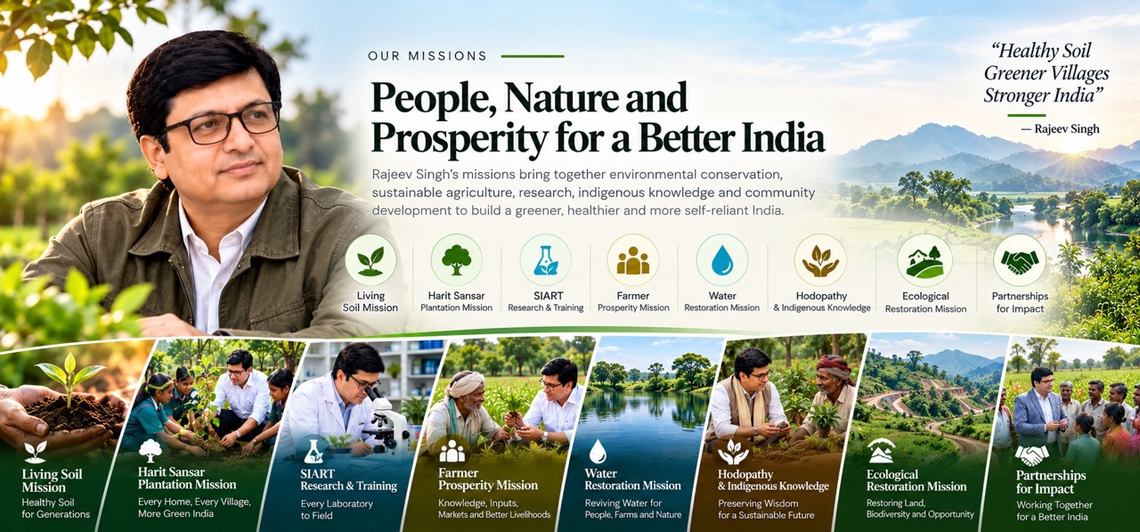 Rajeev Singh Our Missions banner focusing on people, nature, and prosperity for a better India through integrated environmental and agricultural initiatives.