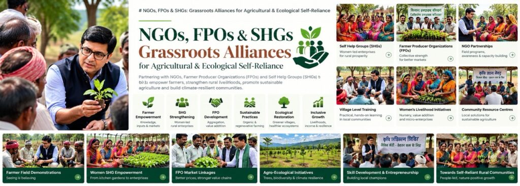 Rajeev Singh banner illustrating NGOs, FPOs, and SHGs grassroots alliances for agricultural and ecological self-reliance