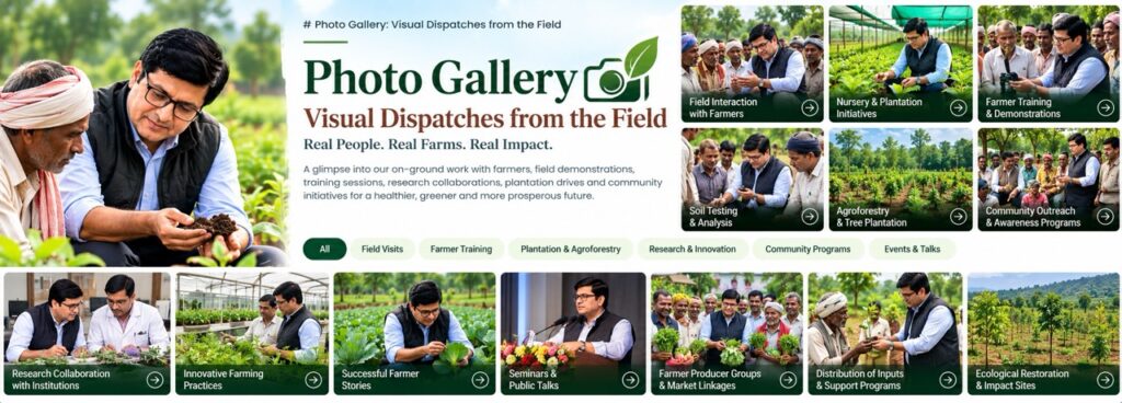 Rajeev Singh inspecting soil with a farmer, highlighting the photo gallery of visual dispatches from the field, real people, real farms, and real impact at Sansar Green.