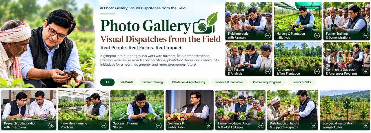 Rajeev Singh inspecting soil with a farmer, highlighting the photo gallery of visual dispatches from the field, real people, real farms, and real impact at Sansar Green.