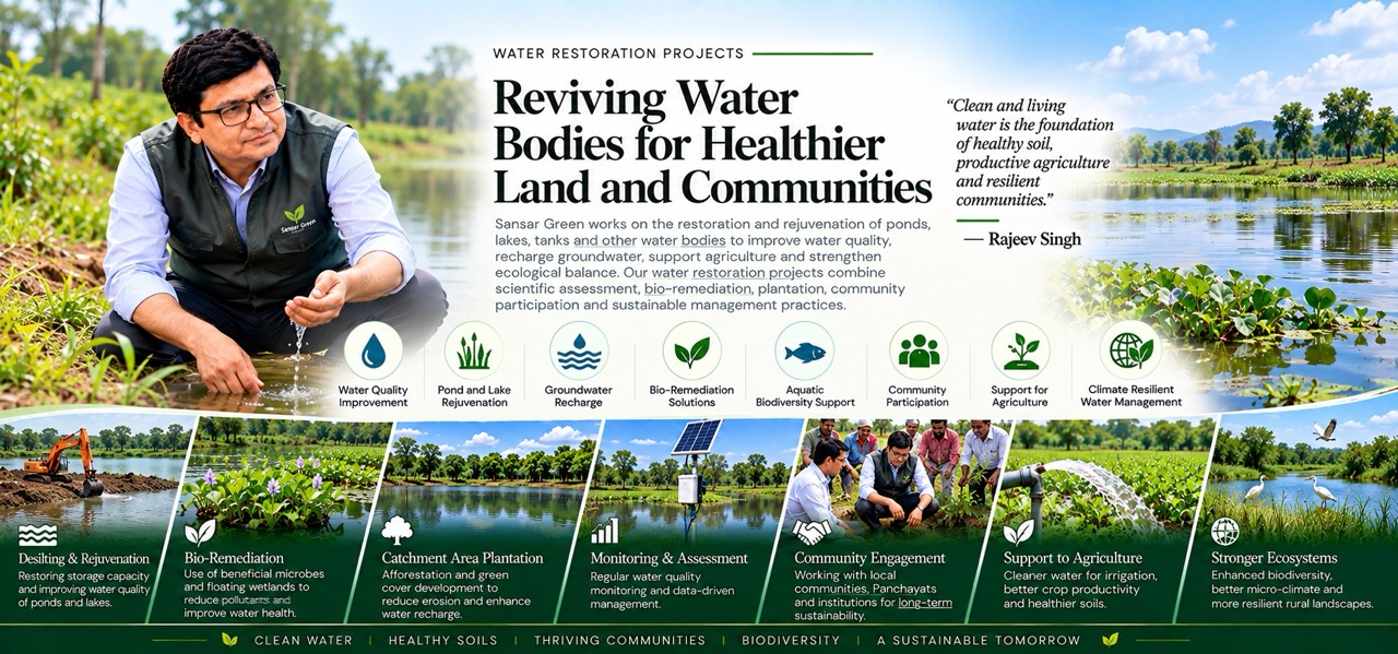 Rajeev Singh overlooking a water restoration and lake rejuvenation project by Sansar Green for cleaner water and resilient communities.