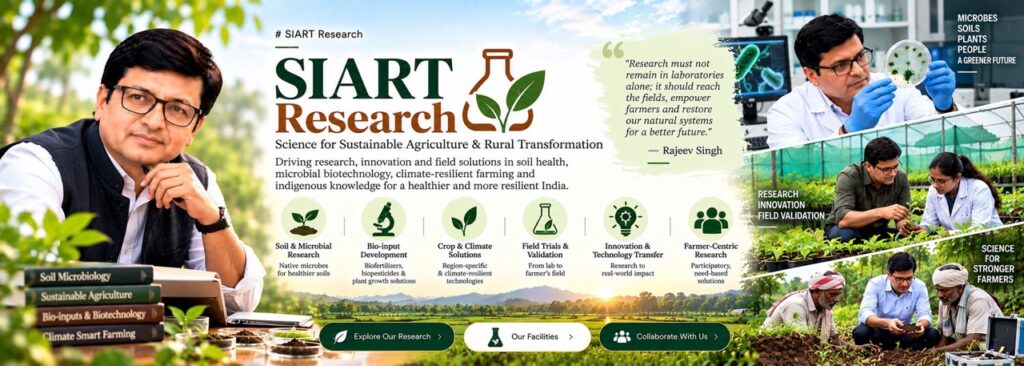 Rajeev Singh showcasing SIART Research (Science for Sustainable Agriculture & Rural Transformation), driving innovation in soil health, microbial biotechnology, and climate-resilient farming.