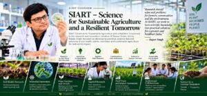 Rajeev Singh in a laboratory setting presenting SIART (Science for Sustainable Agriculture and a Resilient Tomorrow), an initiative of Sansar Green focused on soil health, plants, and microbes.