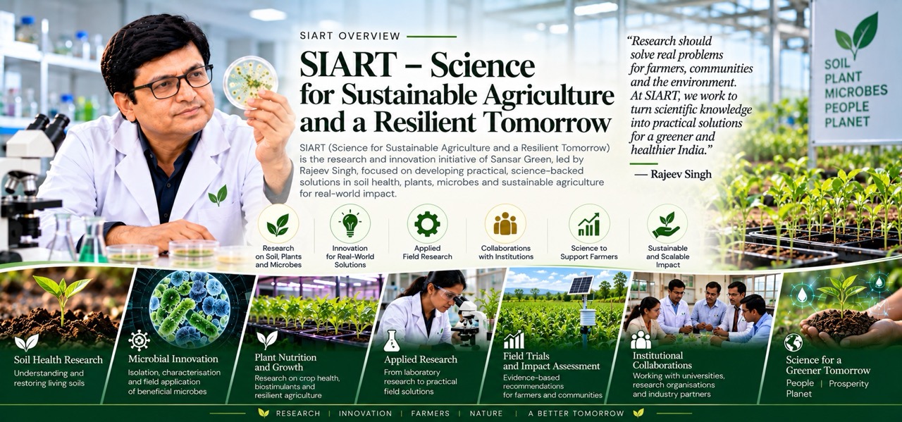 Rajeev Singh in a laboratory setting presenting SIART (Science for Sustainable Agriculture and a Resilient Tomorrow), an initiative of Sansar Green focused on soil health, plants, and microbes.