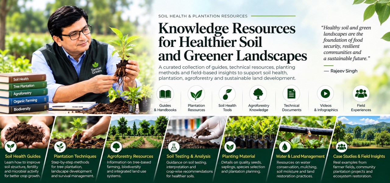 Rajeev Singh examining a plant sapling with roots, highlighting knowledge resources for healthier soil and greener landscapes at Sansar Green.