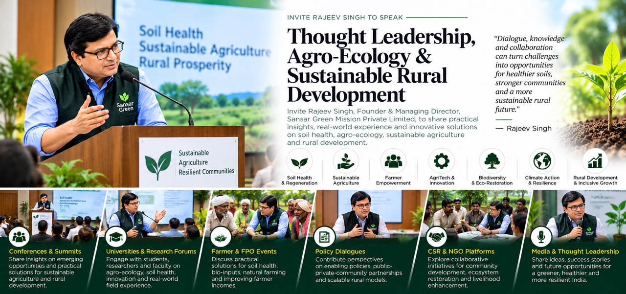 Rajeev Singh speaking at a podium about soil health, sustainable agriculture, and rural prosperity as part of his thought leadership initiatives.