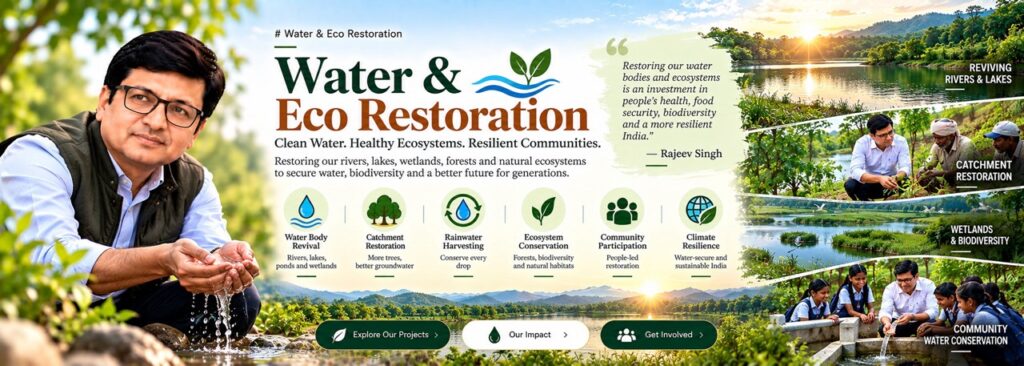 Rajeev Singh cupping clean water by a natural water body, highlighting water and eco restoration for clean water, healthy ecosystems, and resilient communities at Sansar Green.