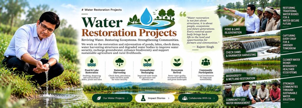 Rajeev Singh inspecting water restoration, pond and lake rejuvenation, check dams, and rainwater harvesting projects for a water-secure future.