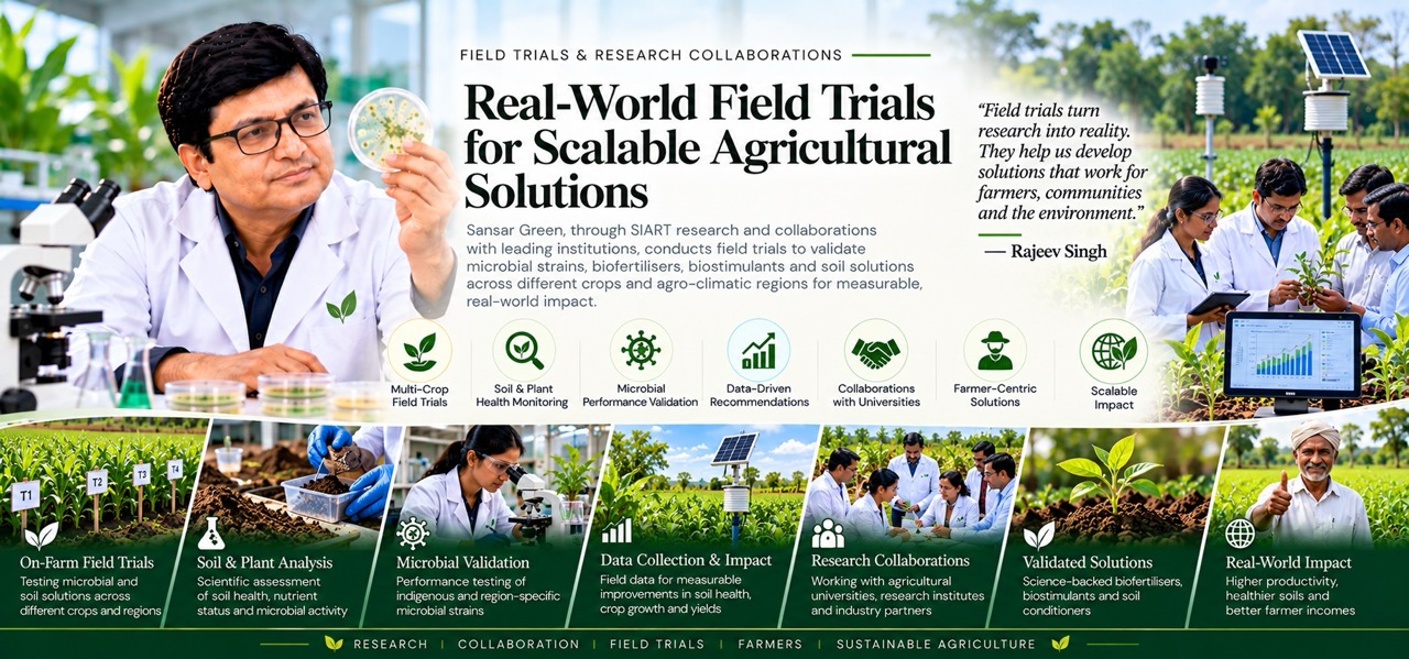 Sansar Green and SIART conducting real-world agricultural field trials to validate microbial strains, biofertilisers, biostimulants and soil solutions across crops and agro-climatic regions.