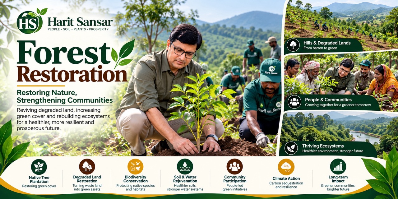 Harit Sansar Forest Restoration banner showing native tree plantation, degraded land restoration, biodiversity conservation, soil and water rejuvenation, and community participation.