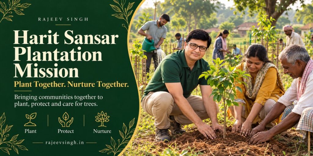 Rajeev Singh Harit Sansar Plantation Mission banner showing community tree planting, protection and nurturing of trees.
