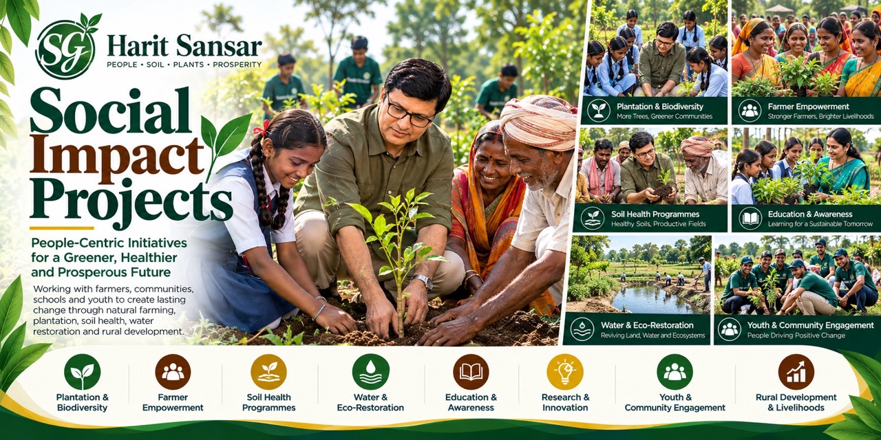 Harit Sansar Social Impact Projects banner showing community plantation, farmer empowerment, soil health, education, water restoration and youth engagement initiatives.