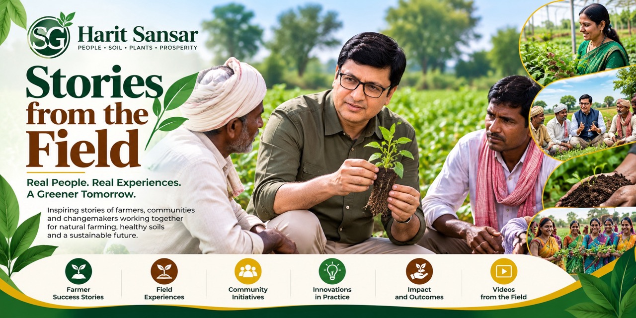 Harit Sansar Stories from the Field banner featuring farmers, communities and field experiences focused on natural farming, healthy soil and sustainable development.