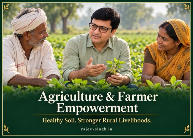 Illustration of Rajeev Singh discussing a crop seedling with two farmers, with the heading Agriculture & Farmer Empowerment.
