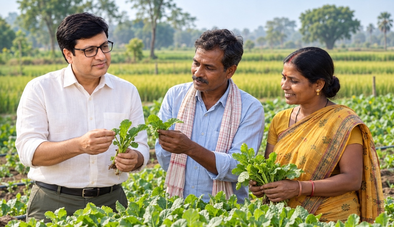 Rajeev Singh interacting with farmers during agriculture and farmer empowerment projects focused on sustainable farming, rural development and improved livelihoods.