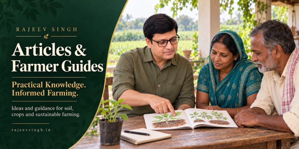 Rajeev Singh explaining illustrated plant growth and root development diagrams to farmers while discussing practical agricultural knowledge and sustainable farming.