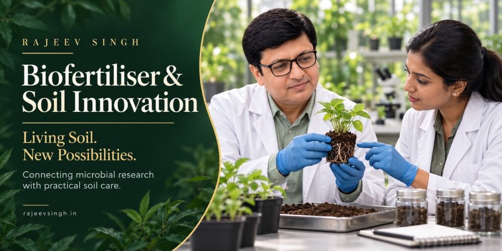 Rajeev Singh and a female researcher examining a plant's roots and soil in a laboratory, highlighting biofertiliser research and soil innovation.