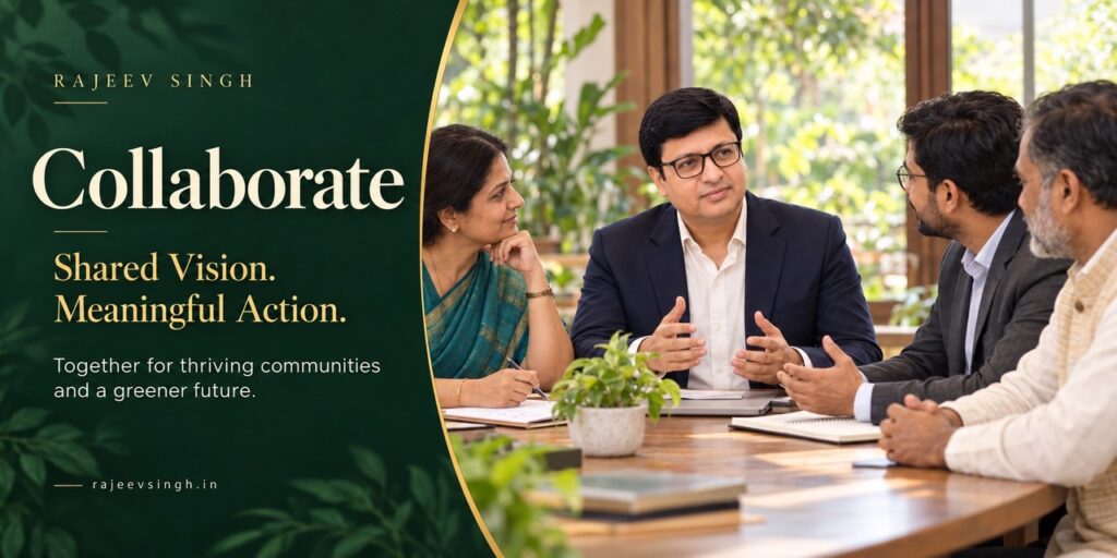 Rajeev Singh collaborating with business professionals in a meeting, representing shared vision, meaningful action, community development, and a greener future.